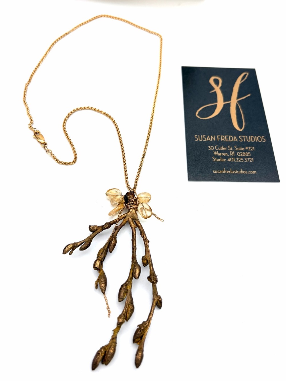 Susan Freda Sculptural Gold Botanical Branch Drop Necklace Citrine Garnet